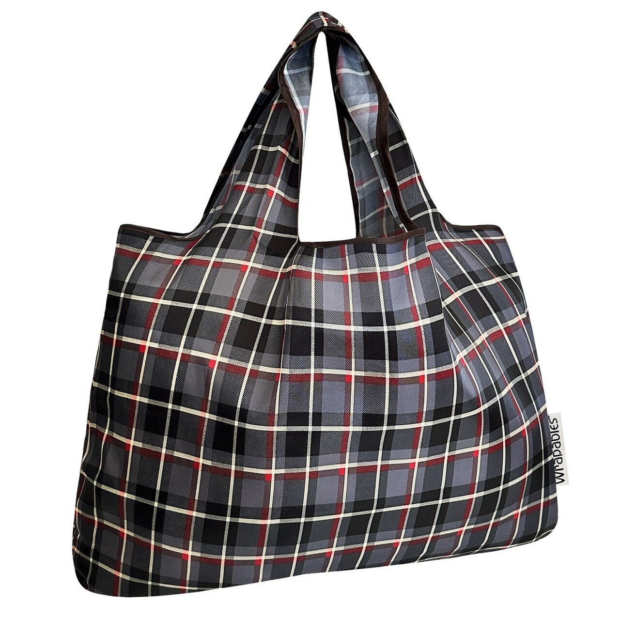 Wrapables Large Foldable Tote Nylon Reusable Grocery Bags, Black Plaid